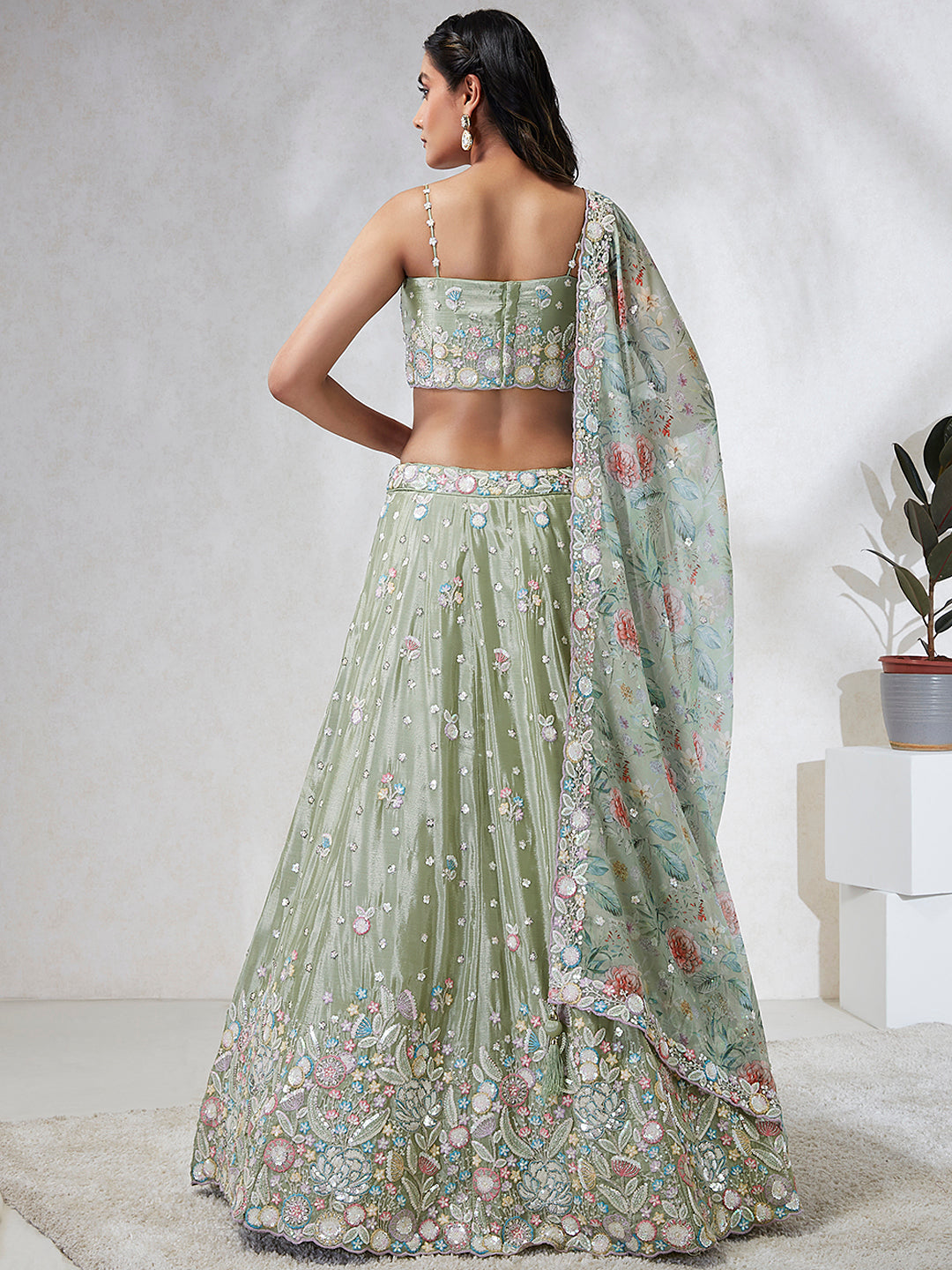House of Panchhi Lime Green Chiffon Sequins And Thread Embroidery Lehenga Choli & Dupatta | Swadesiicart