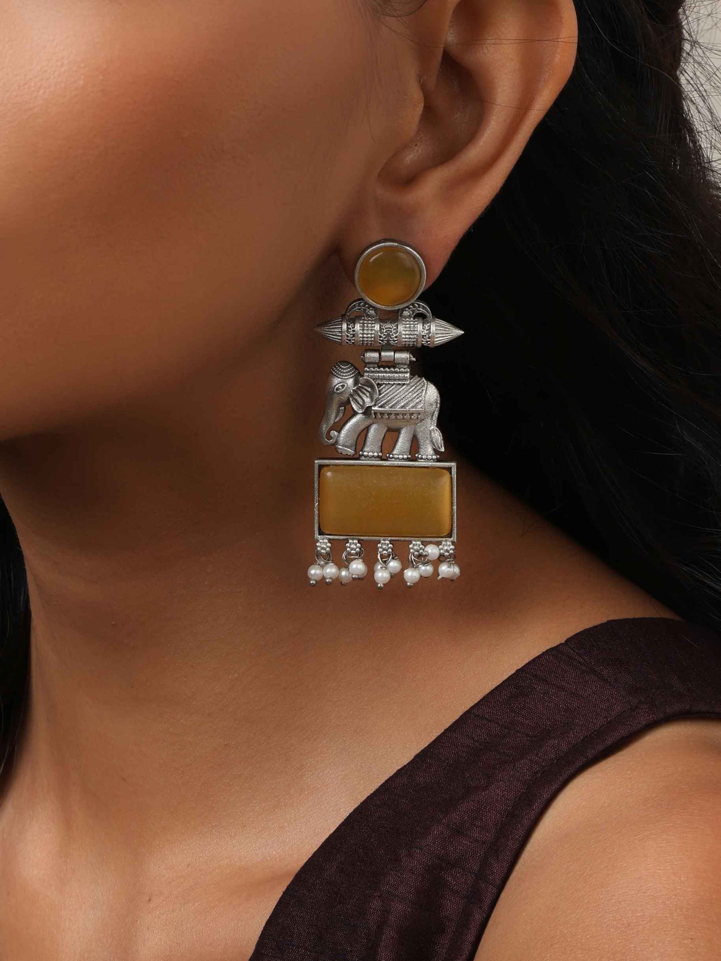 trueBrowns Silver Tone Yellow Stone Earrings - Swadesiicart