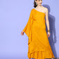 InWeave Women's Mustard Mirror Work One Shoulder Kurta Set - Swadesiicart