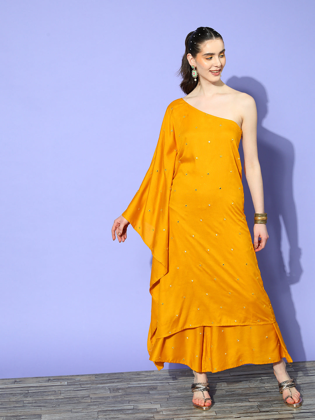InWeave Women's Mustard Mirror Work One Shoulder Kurta Set - Swadesiicart