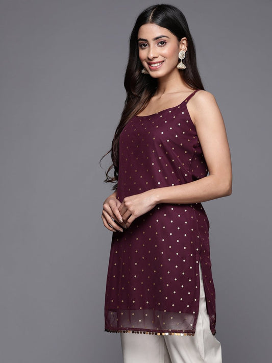 Ahalyaa Geometric Printed Net Tunic With Lace Inserts | Swadesiicart