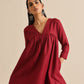trueBrowns Maroon Slub Gathered Kurta Pant Set | Swadesiicart