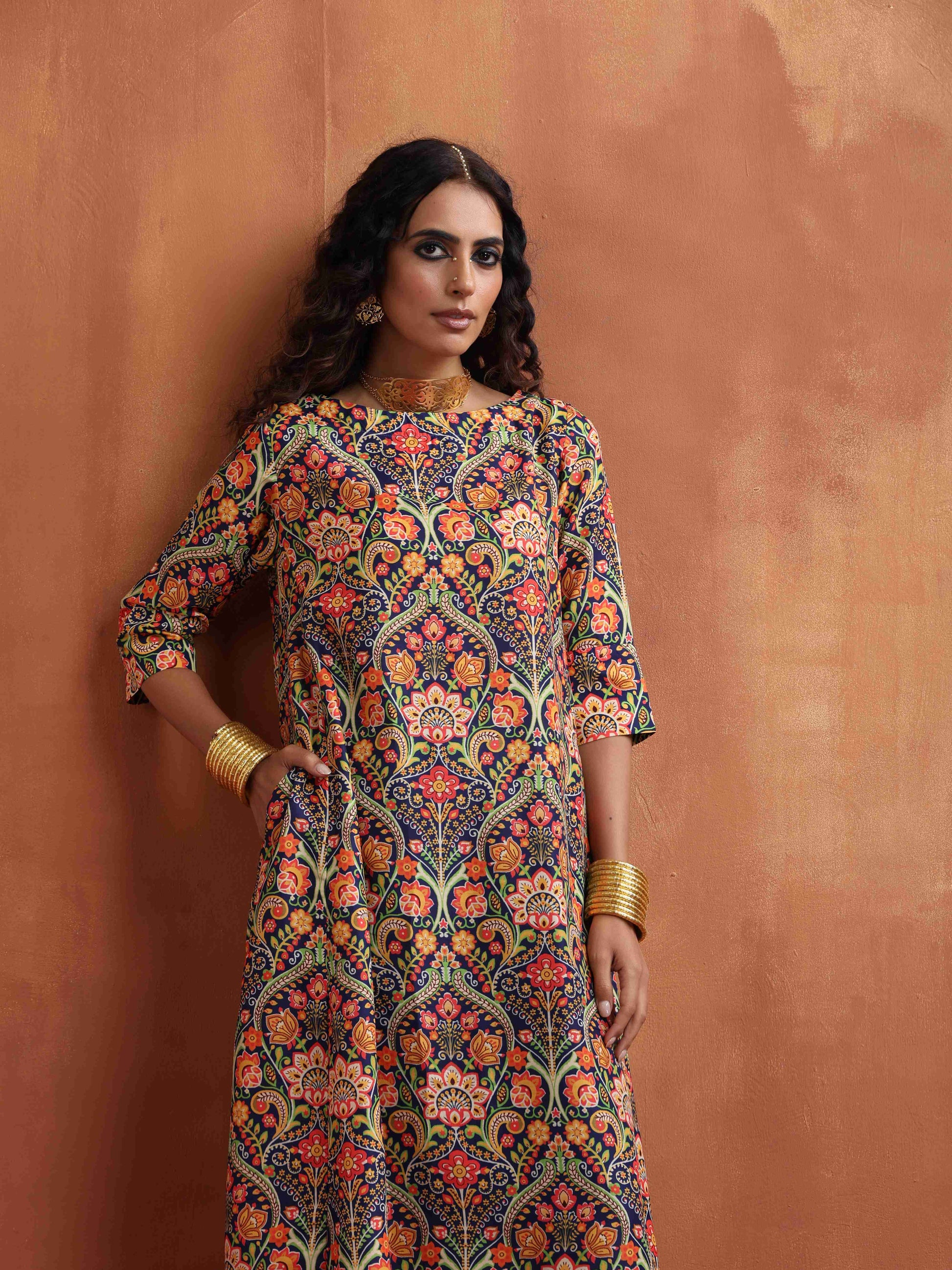 trueBrowns Blue Print A-line Kurta Set | Swadesiicart