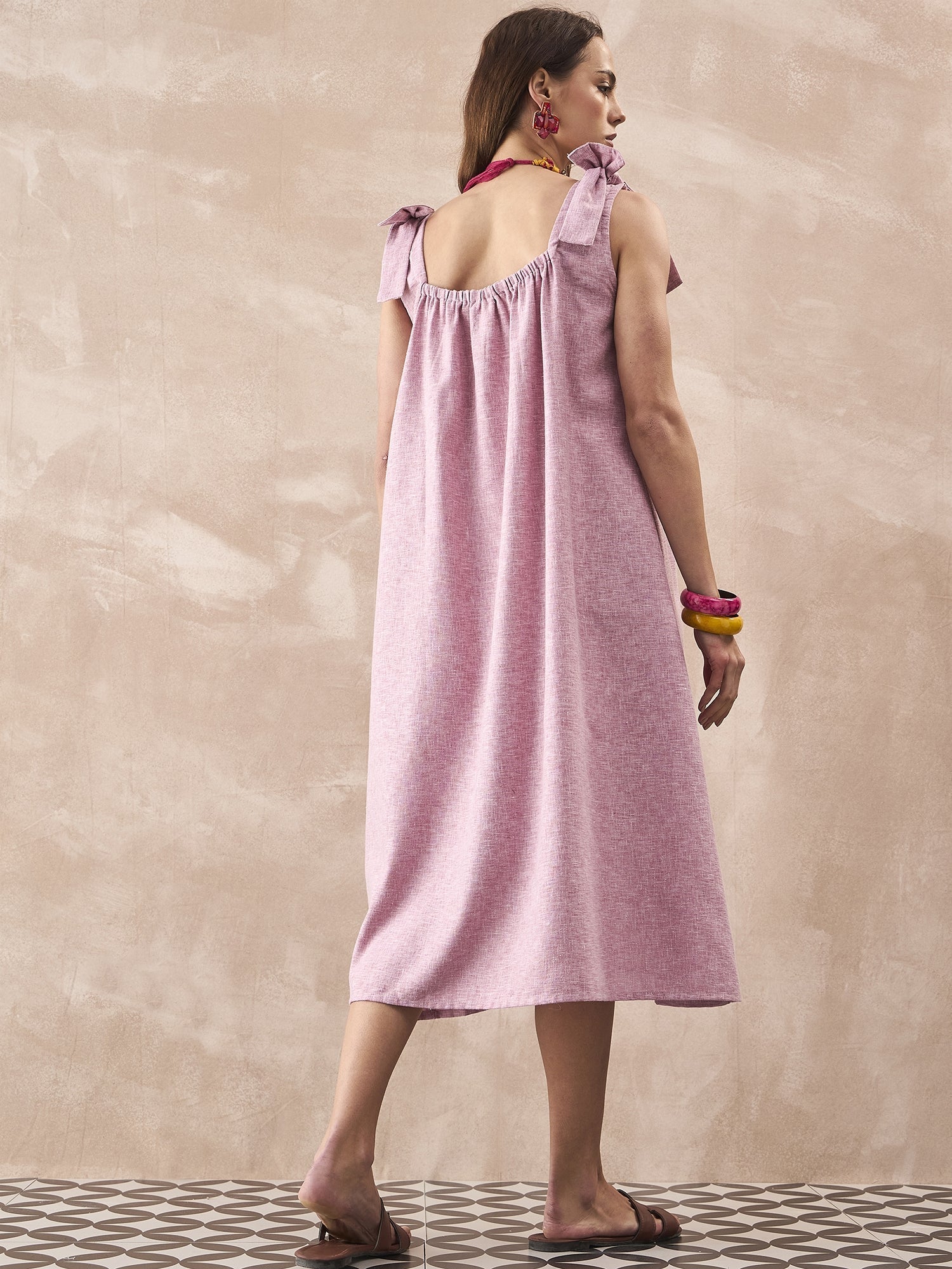 InWeave Dull Pink Linen Round Pleat Bow Dress - Swadesiicart