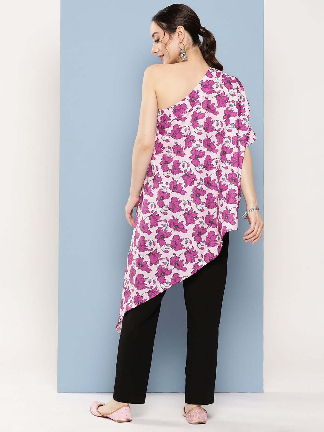 InWeave Women's Pink Fuchsia Japanese Art Oneshoulder Top - Swadesiicart