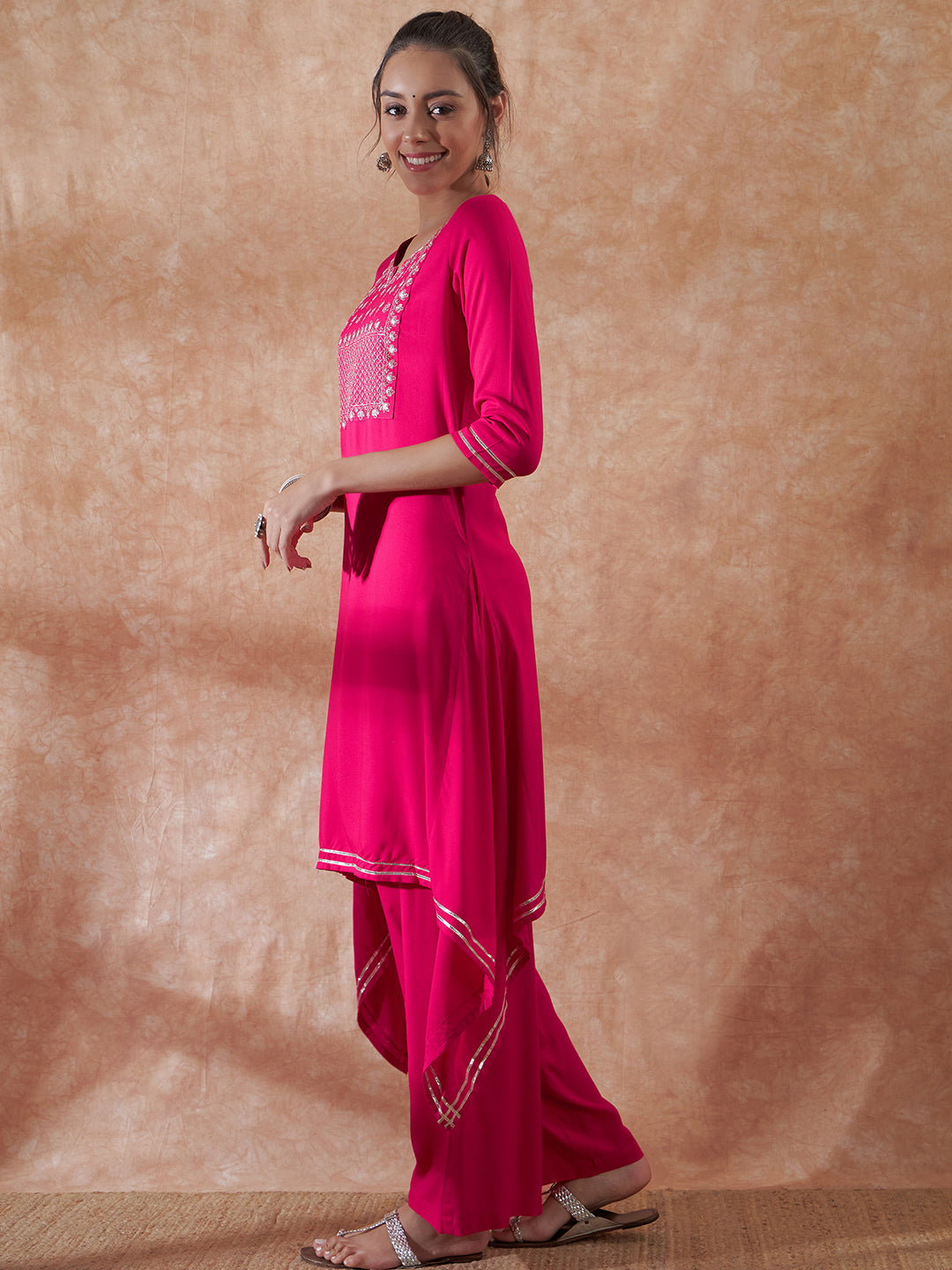InWeave Women's Magenta Emb Assymetrical Kurta Pant Set - Swadesiicart