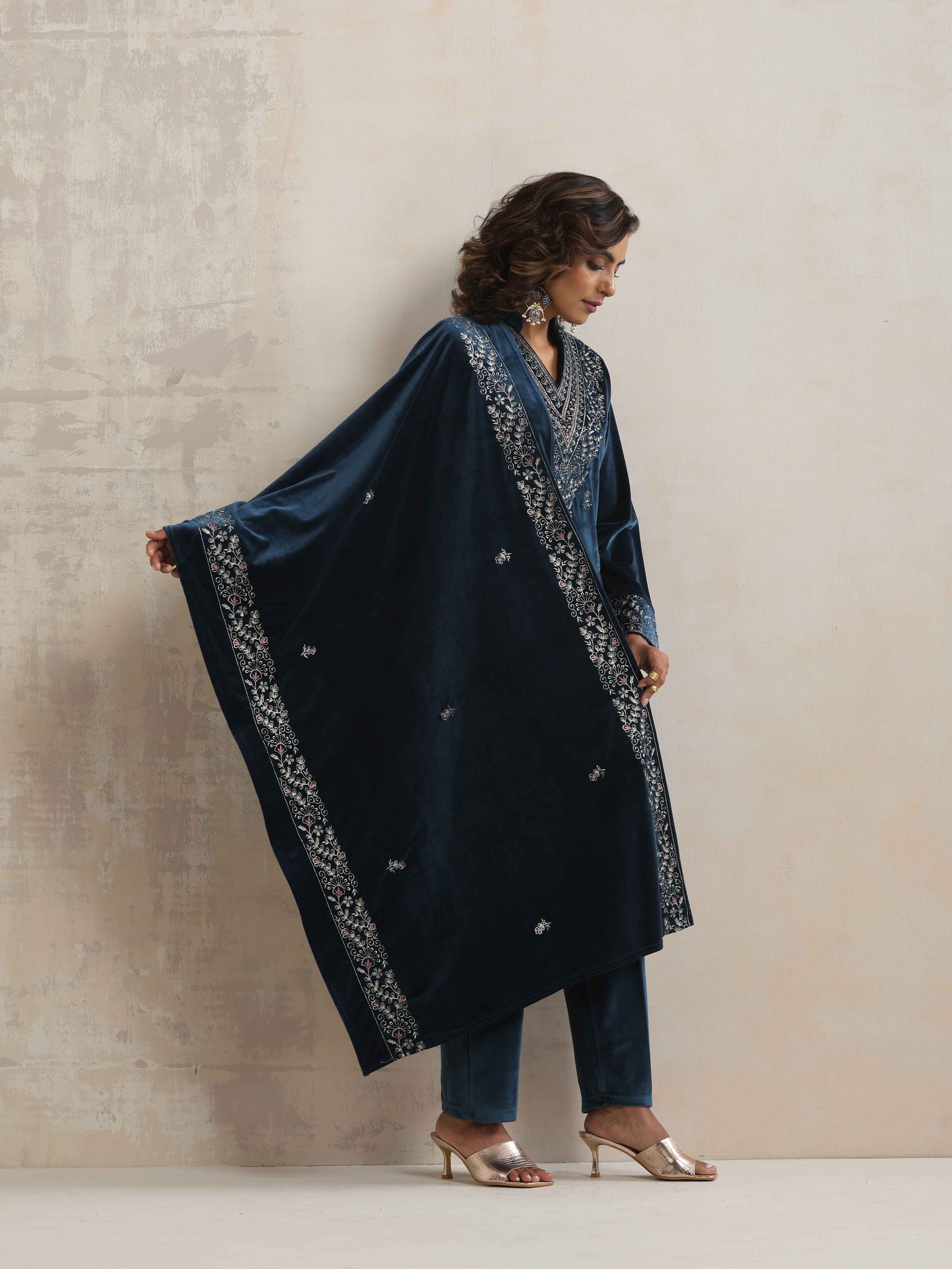 trueBrowns Blue Velvet Embroidered Kurta Pant Dupatta Set | Swadesiicart