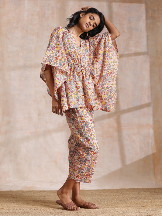 trueBrowns Multicolor Beige Overall Floral Block Print Cotton Kaftan Co-Ord Set - Swadesiicart