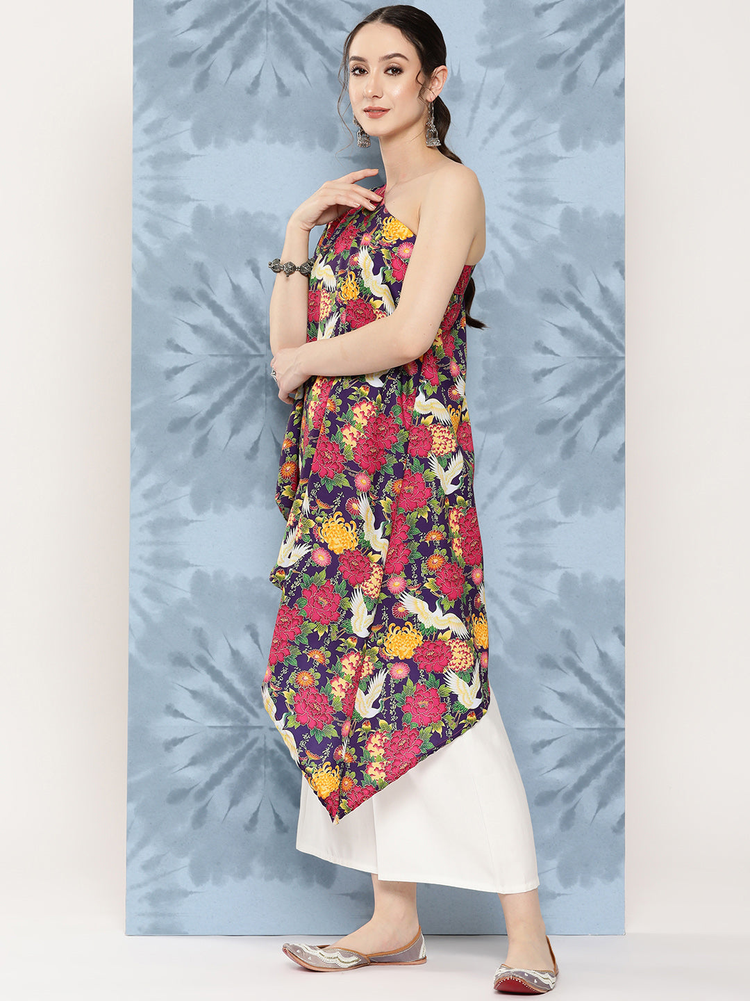 InWeave Women's Navy Bird Japanese Art Oneshoulder Top - Swadesiicart