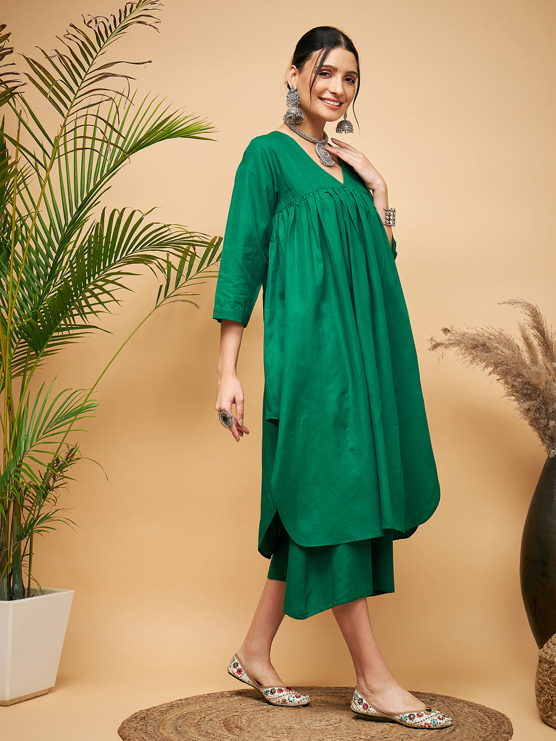 InWeave Women's Forest Green Flared Kurta Palazzo Set - Swadesiicart