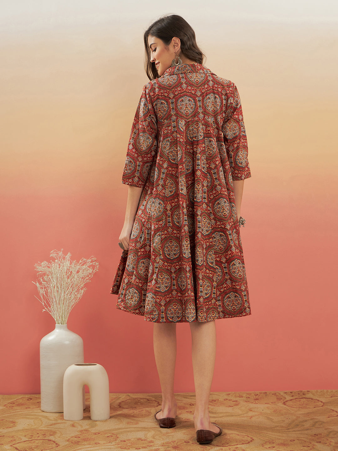 InWeave Women's Maroon Mughal Kalamkari Flared Dress - Swadesiicart