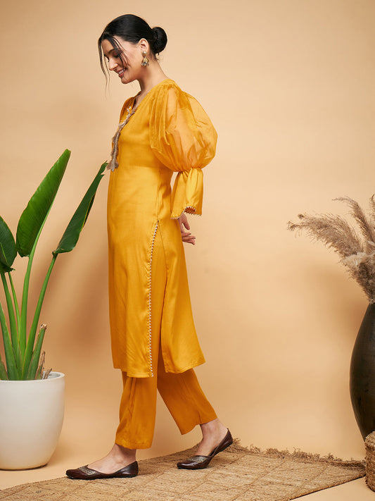 InWeave Women's Mustard Organza Sleeve Kurta Set - Swadesiicart