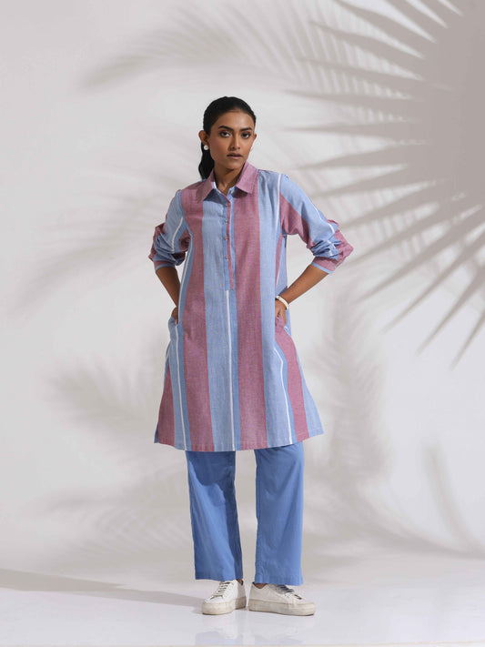 trueBrowns Blue Cotton Stripe Kurta Co-ord Set - Swadesiicart