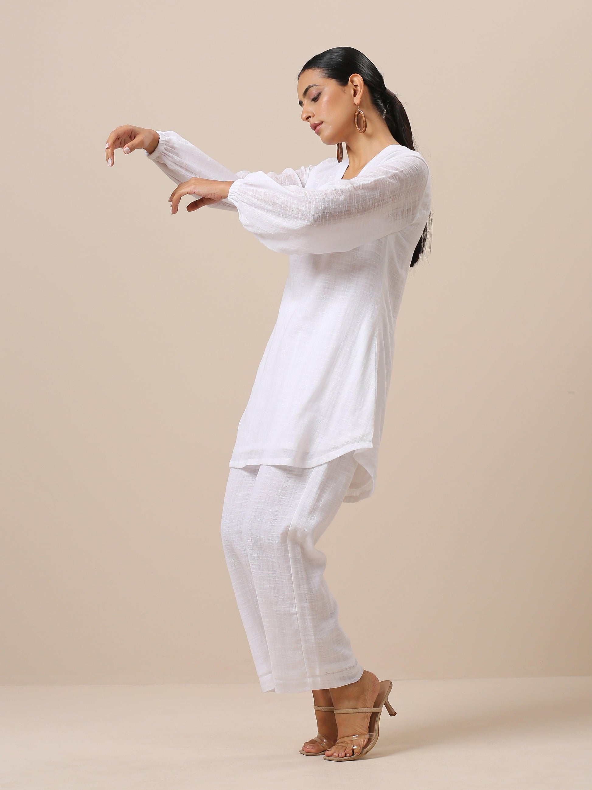 trueBrowns Gauze White Short Co-Ord Set - Swadesiicart