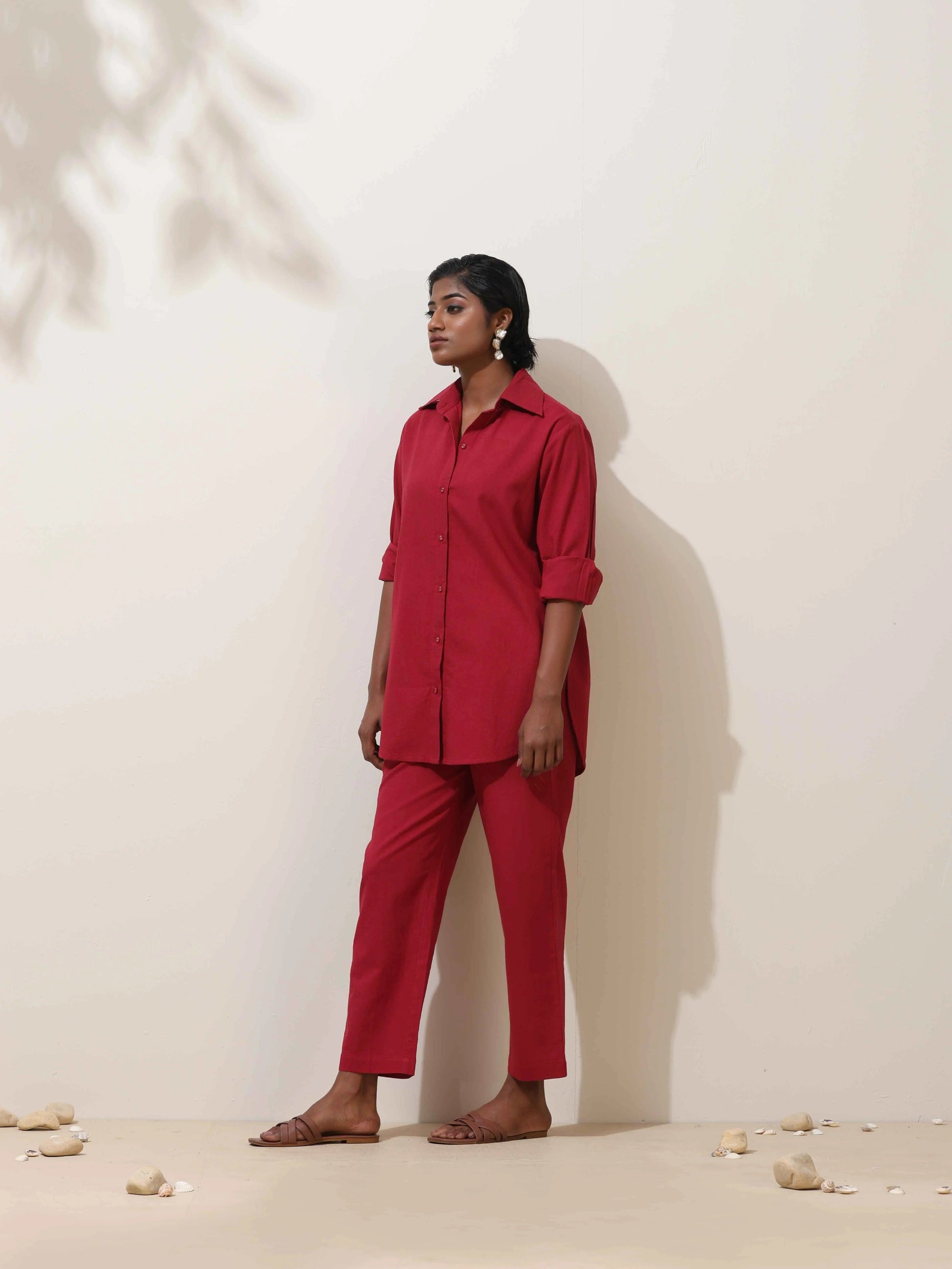 trueBrowns Maroon Cotton Linen Co-Ord Set - Swadesiicart