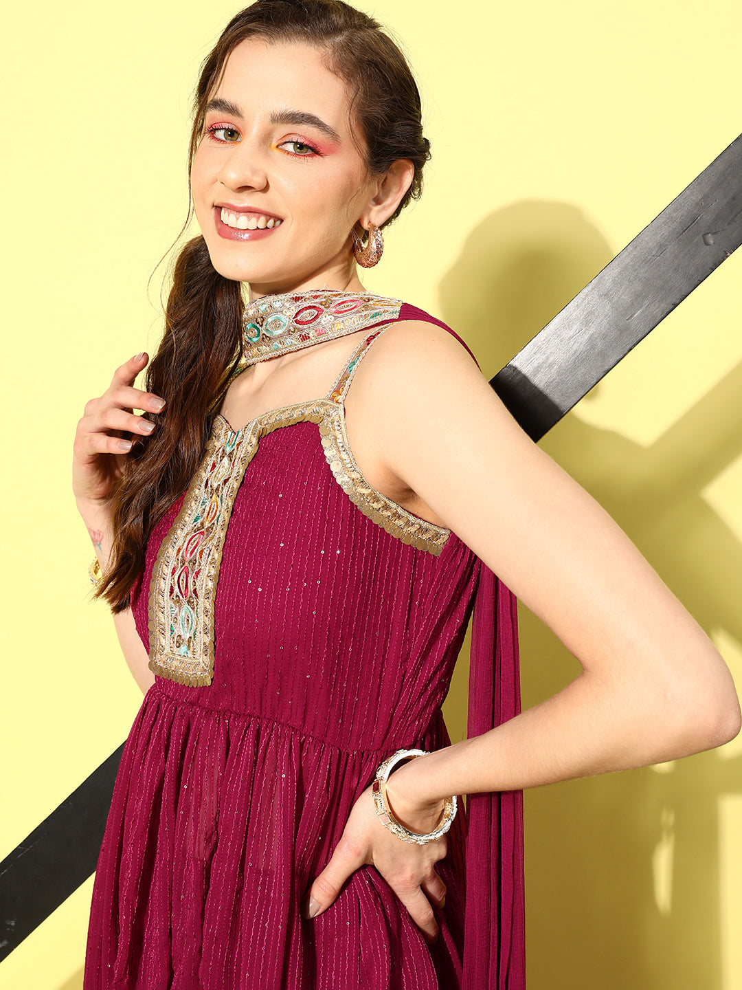 InWeave Women's Maroon Gota Insert Neckline Sharara Set - Swadesiicart