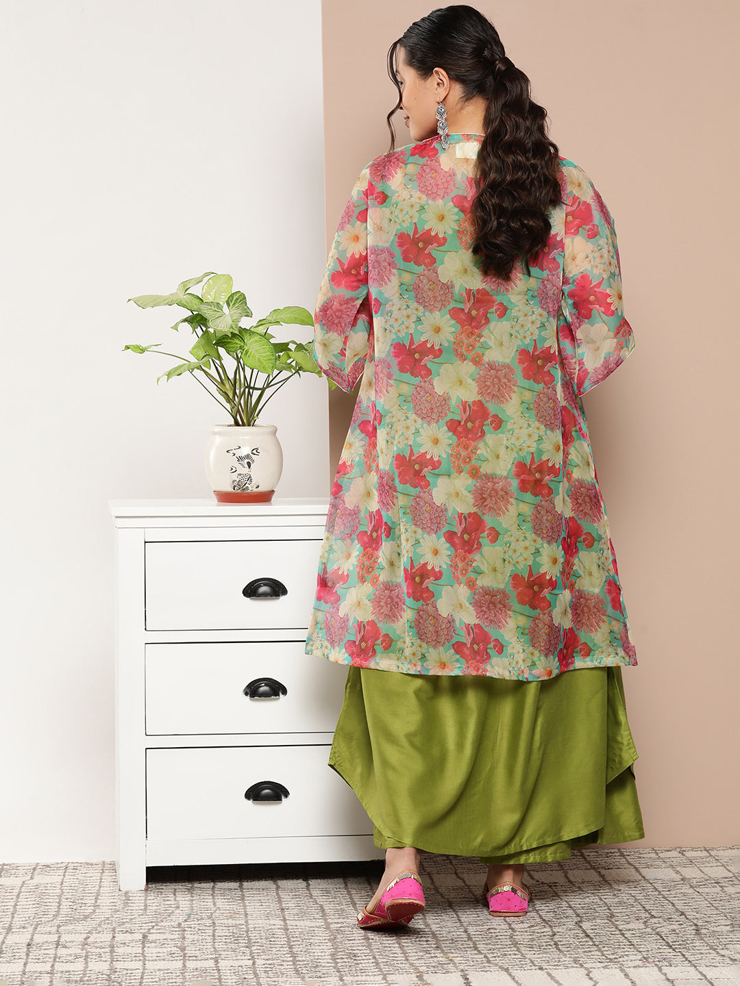 InWeave Women's Olive Green Strappy Set With Pink Green Floral Cape - Swadesiicart