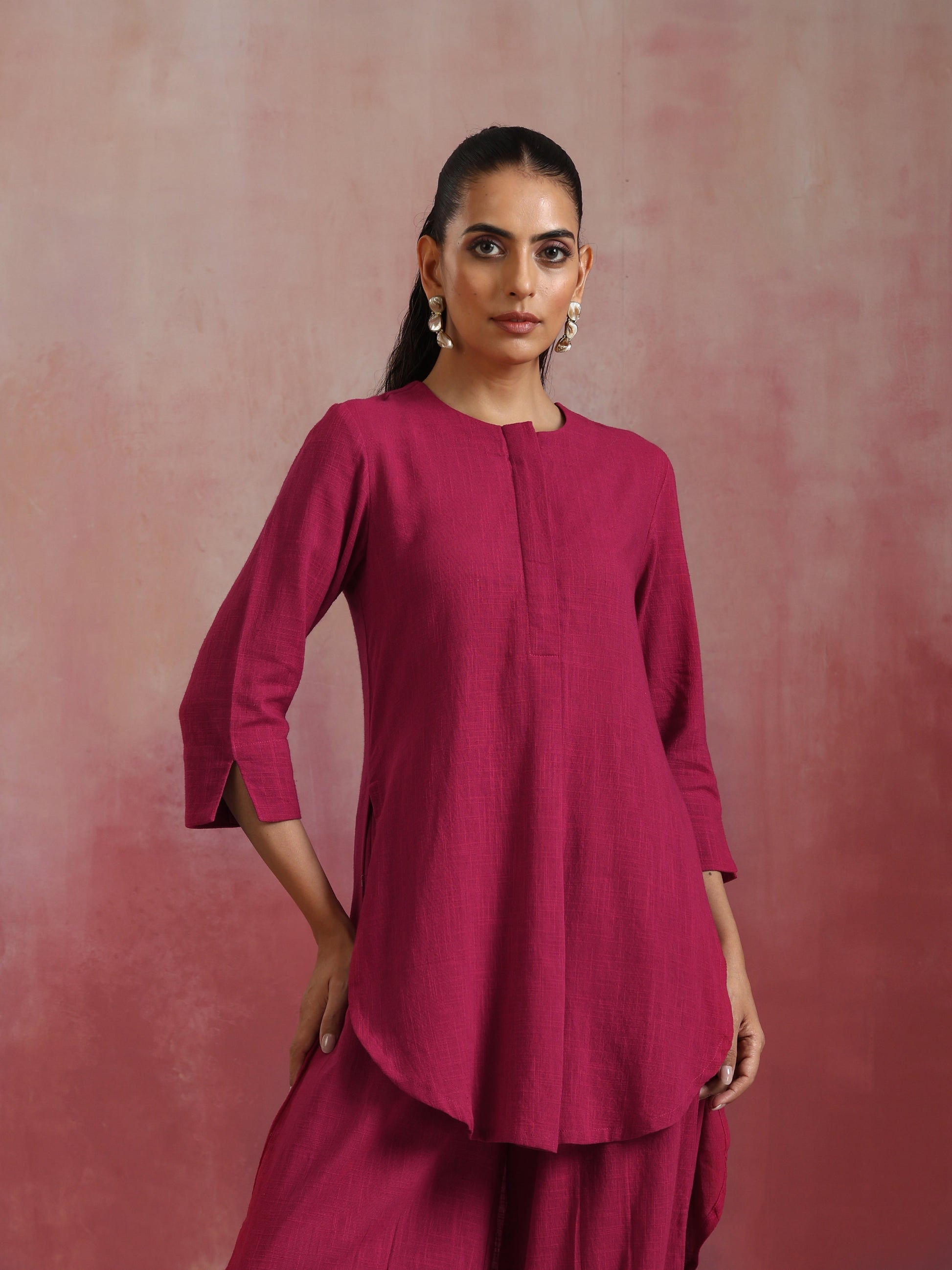 trueBrowns Magenta Cotton Kurta Co-ord set - Swadesiicart