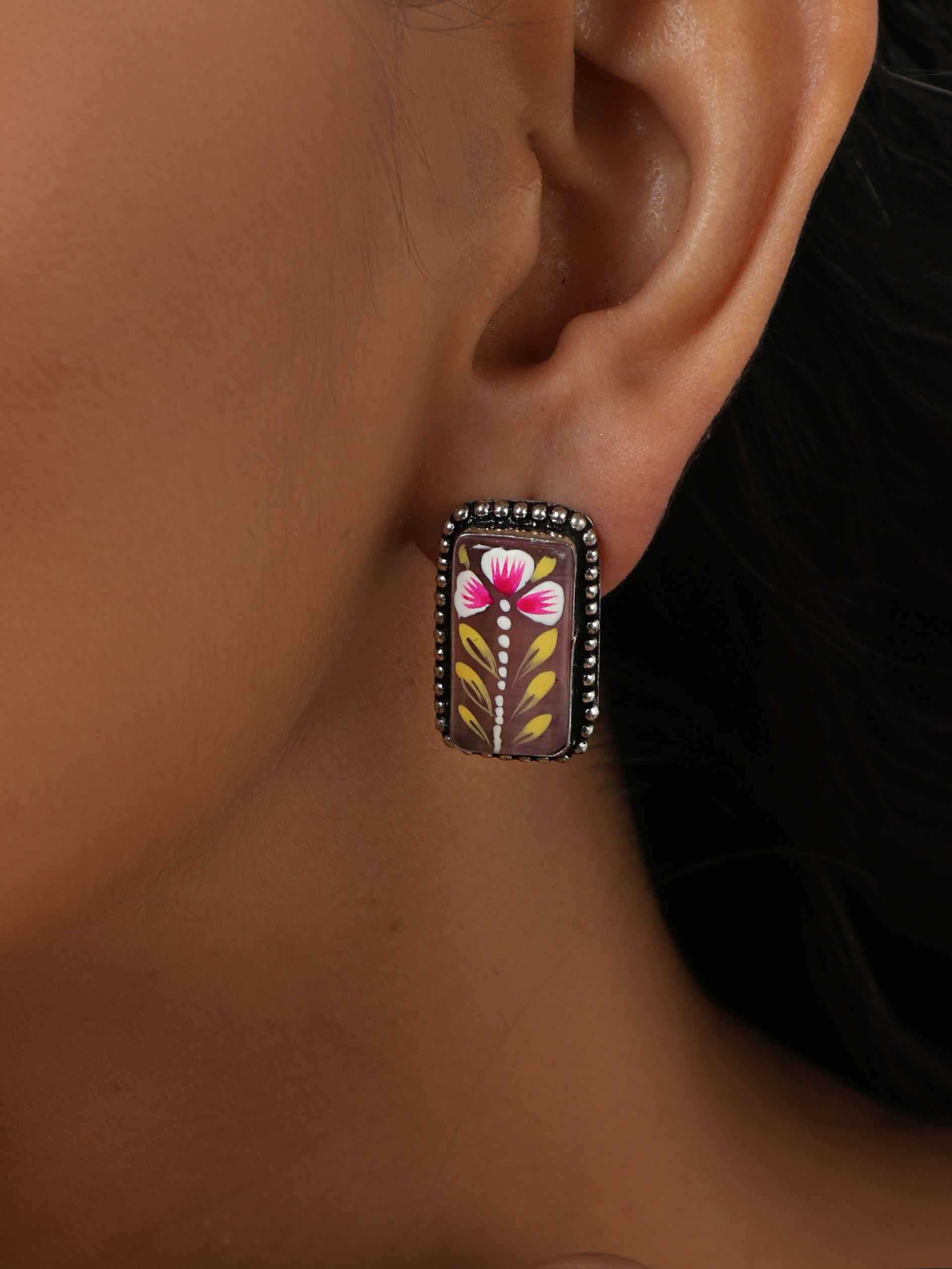 trueBrowns Silver Tone Handpainted Stud Earrings - Swadesiicart