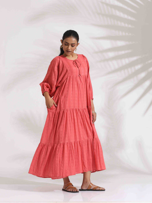 trueBrowns Pink Cotton Tier Dress | Swadesiicart