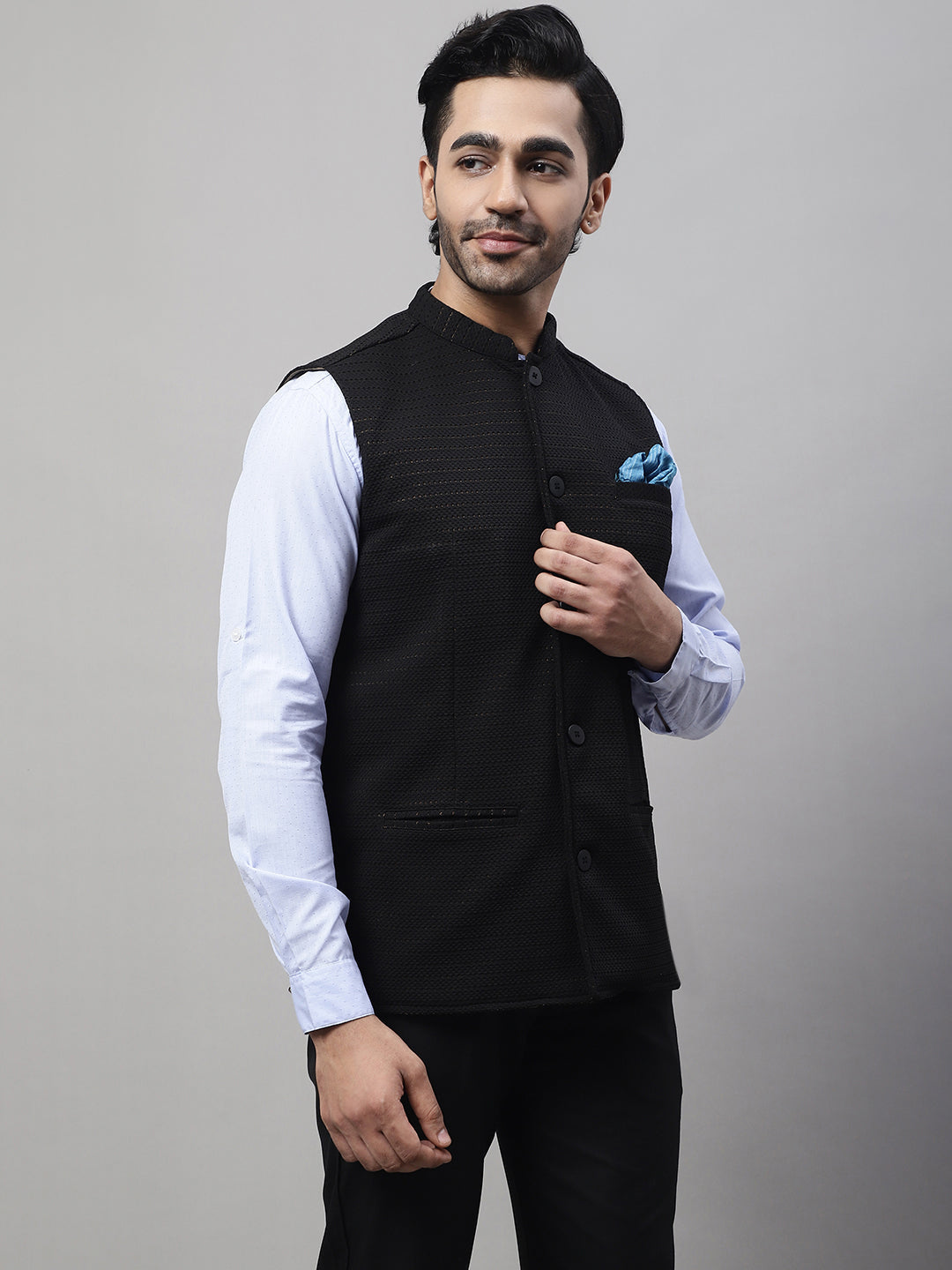 Even Apparels Men's Black Nehru Jacket With Welt Pockets | Swadesiicart