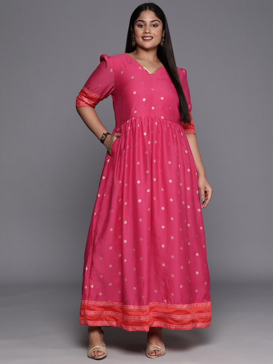 Ahalyaa Plus Size V-Neck Maxi Ethnic Dress | Swadesiicart