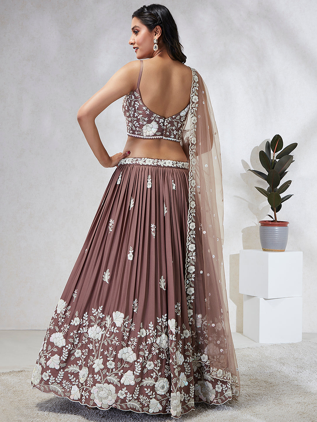 House of Panchhi Rose Gold Pure Georgette Sequins And Thread Embroidery Lehenga Choli & Dupatta | Swadesiicart