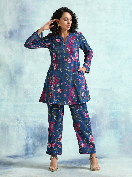 trueBrowns Blue Printed Velvet Co-Ord Set - Swadesiicart