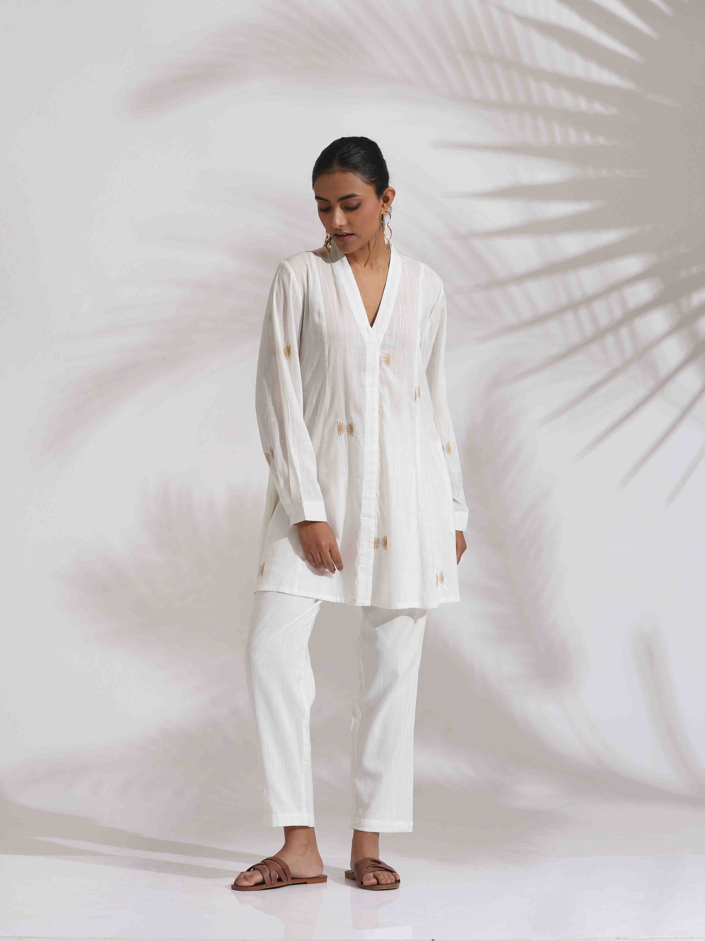 trueBrowns Off-White Cotton Embroidered A-line Co-ord Set - Swadesiicart