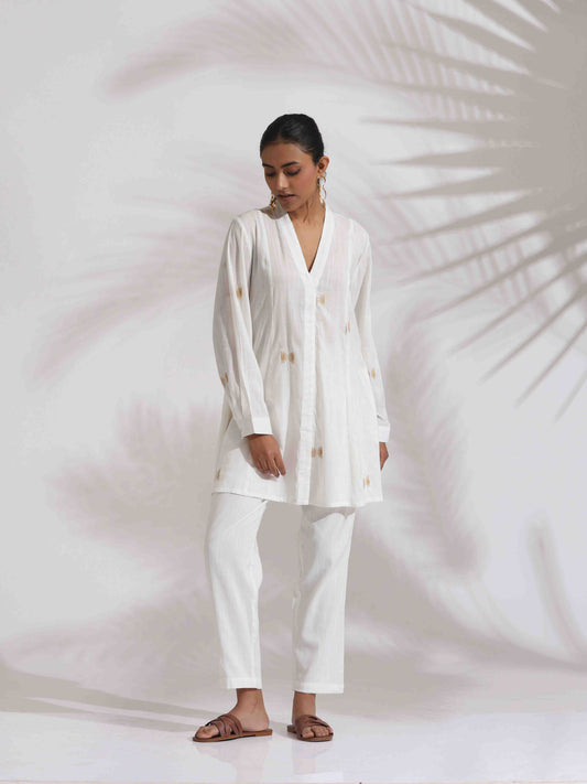 trueBrowns Off-White Cotton Embroidered A-line Co-ord Set - Swadesiicart