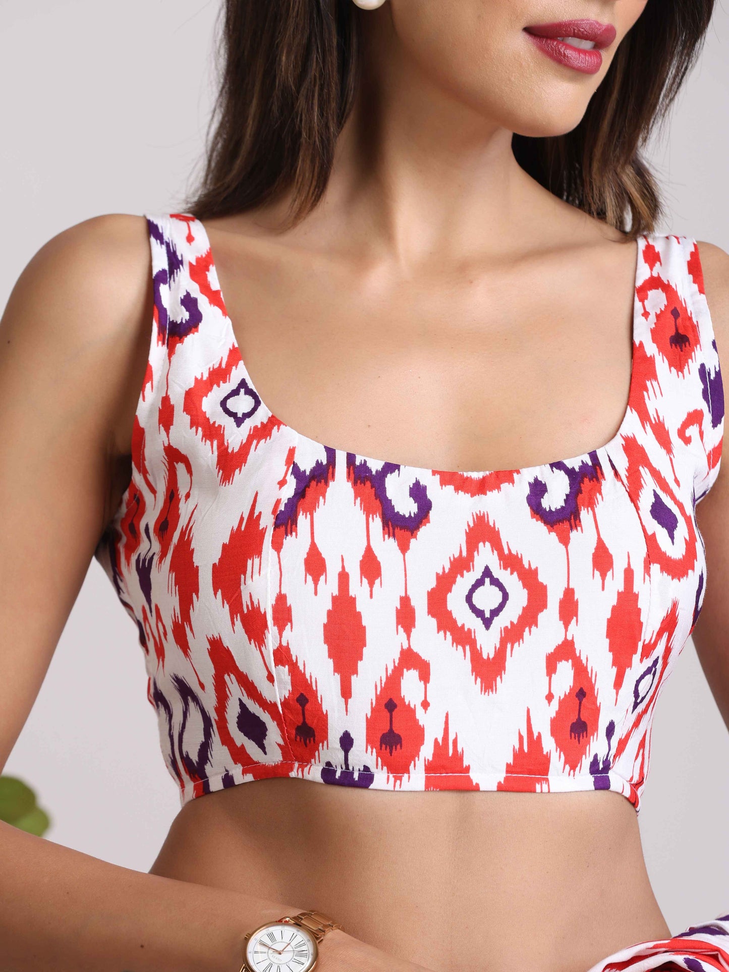 trueBrowns Carrot Muslin Ikat Sleeveless Blouse | Swadesiicart