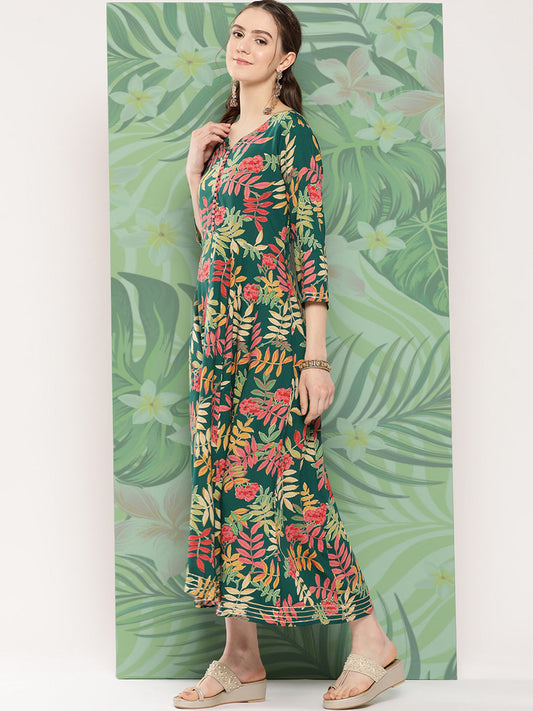 InWeave Women's Green Tropical Print Gota Long Dress - Swadesiicart