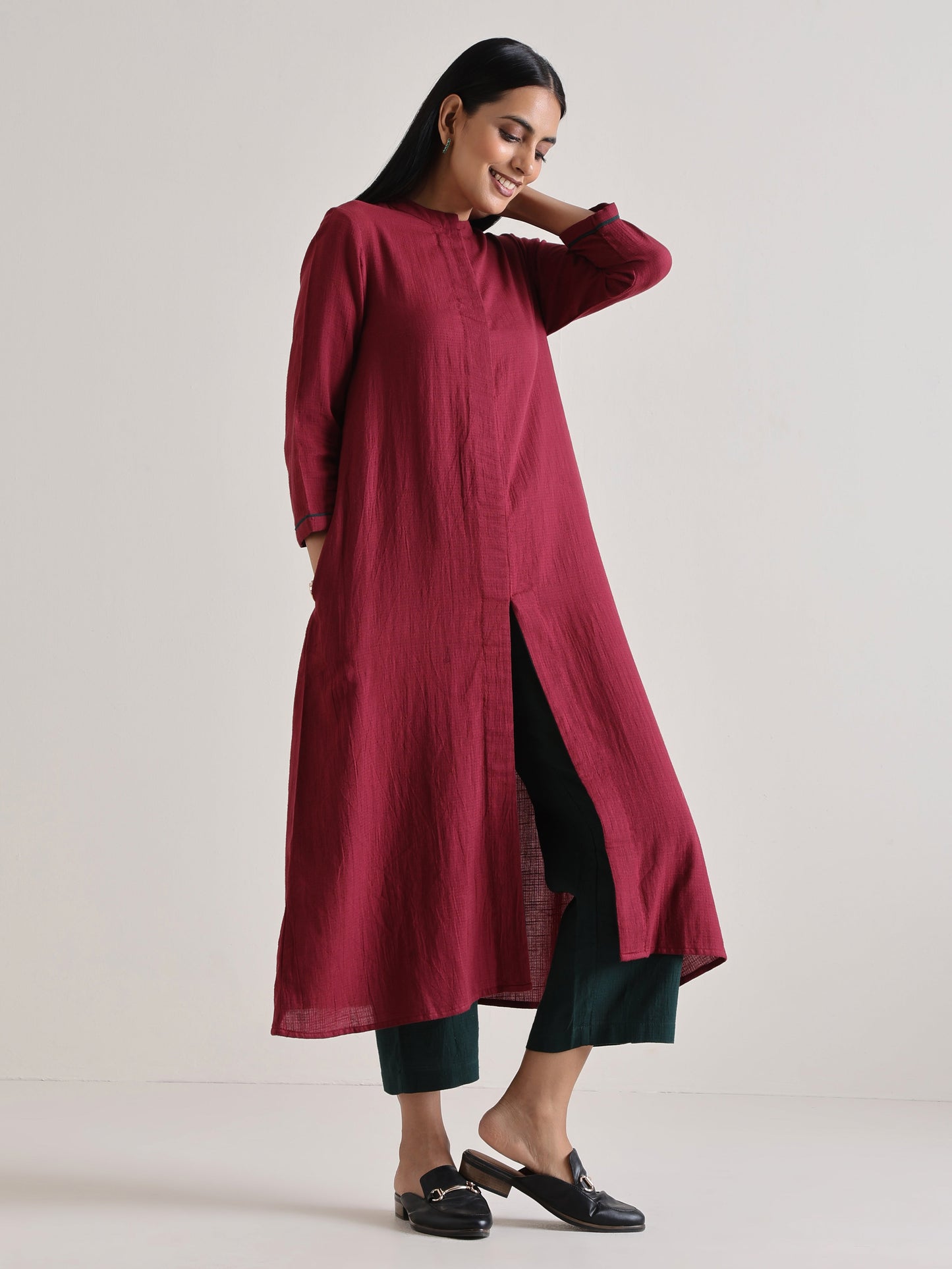trueBrowns Maroon Placket Kurta Pant Set | Swadesiicart