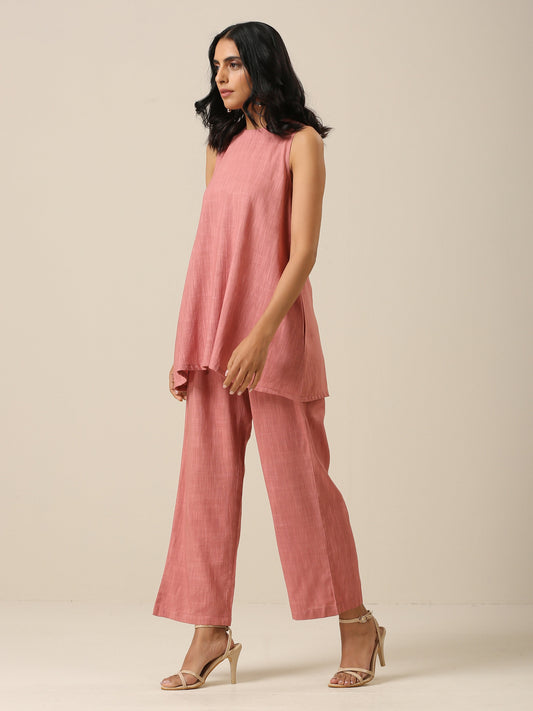 trueBrowns Light Mauve Slub Textured Sleeveless Short Co-Ord Set - Swadesiicart
