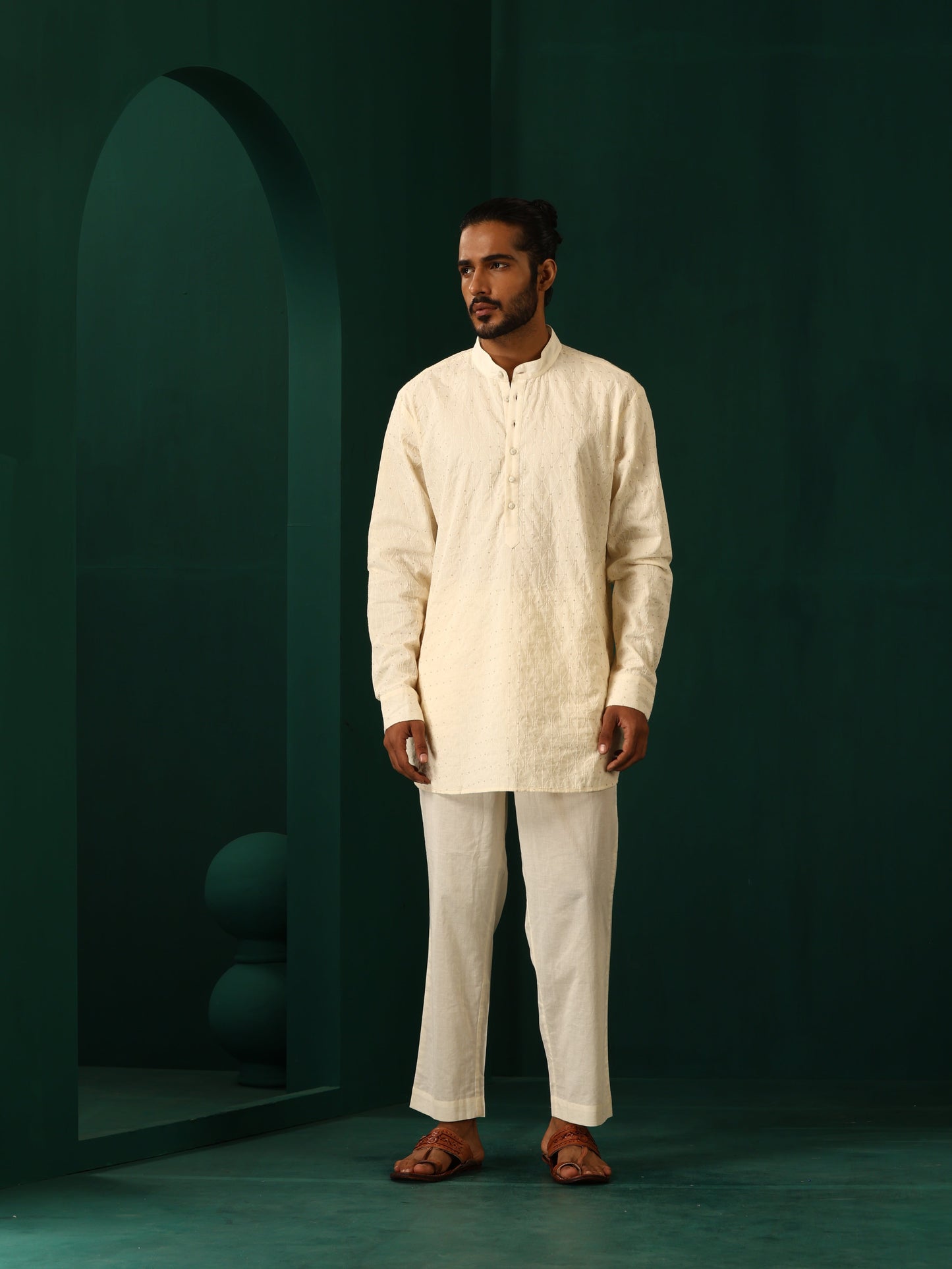 trueBrowns Men's Ivory Tonal Cotton Co-ord Set - Swadesiicart