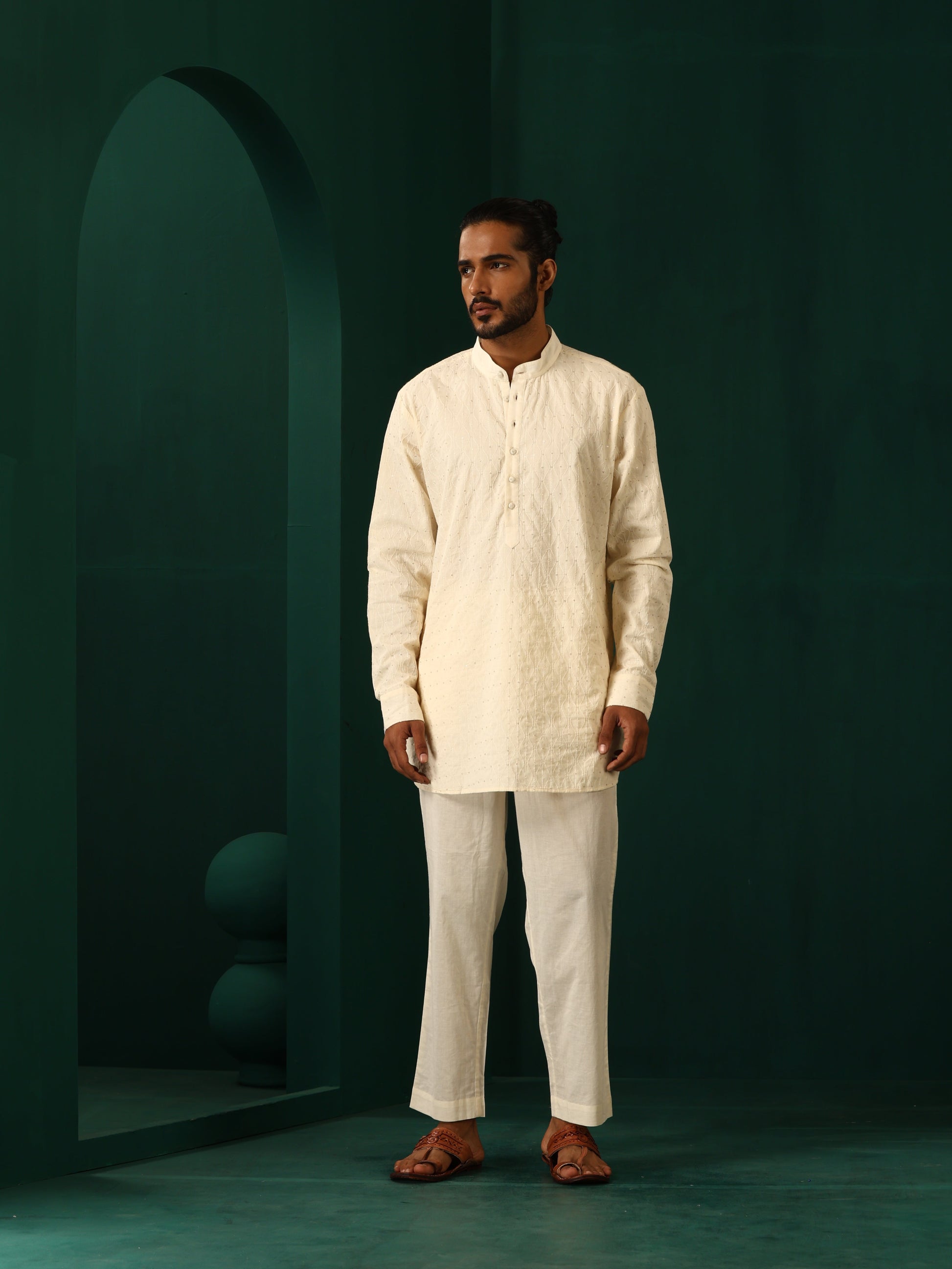 trueBrowns Men's Ivory Tonal Cotton Co-ord Set - Swadesiicart