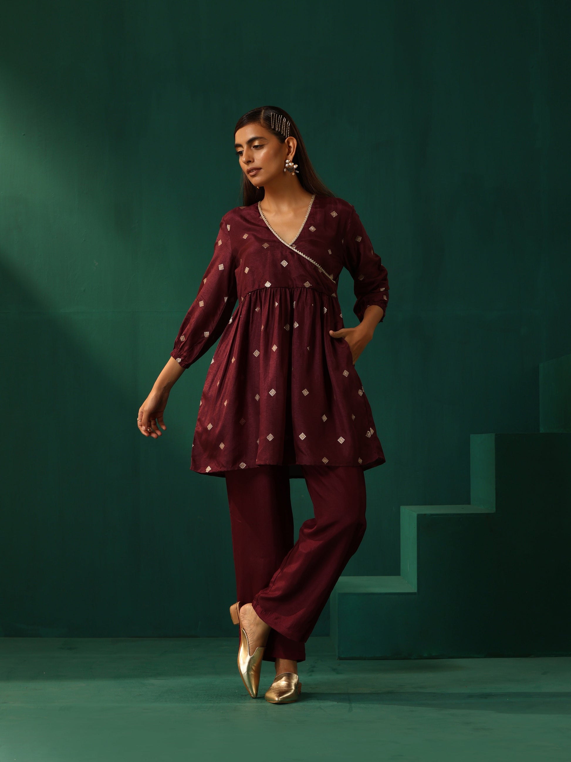 trueBrowns Wine Diamond Viscose Silk Waist Gathered Co-ord Set - Swadesiicart