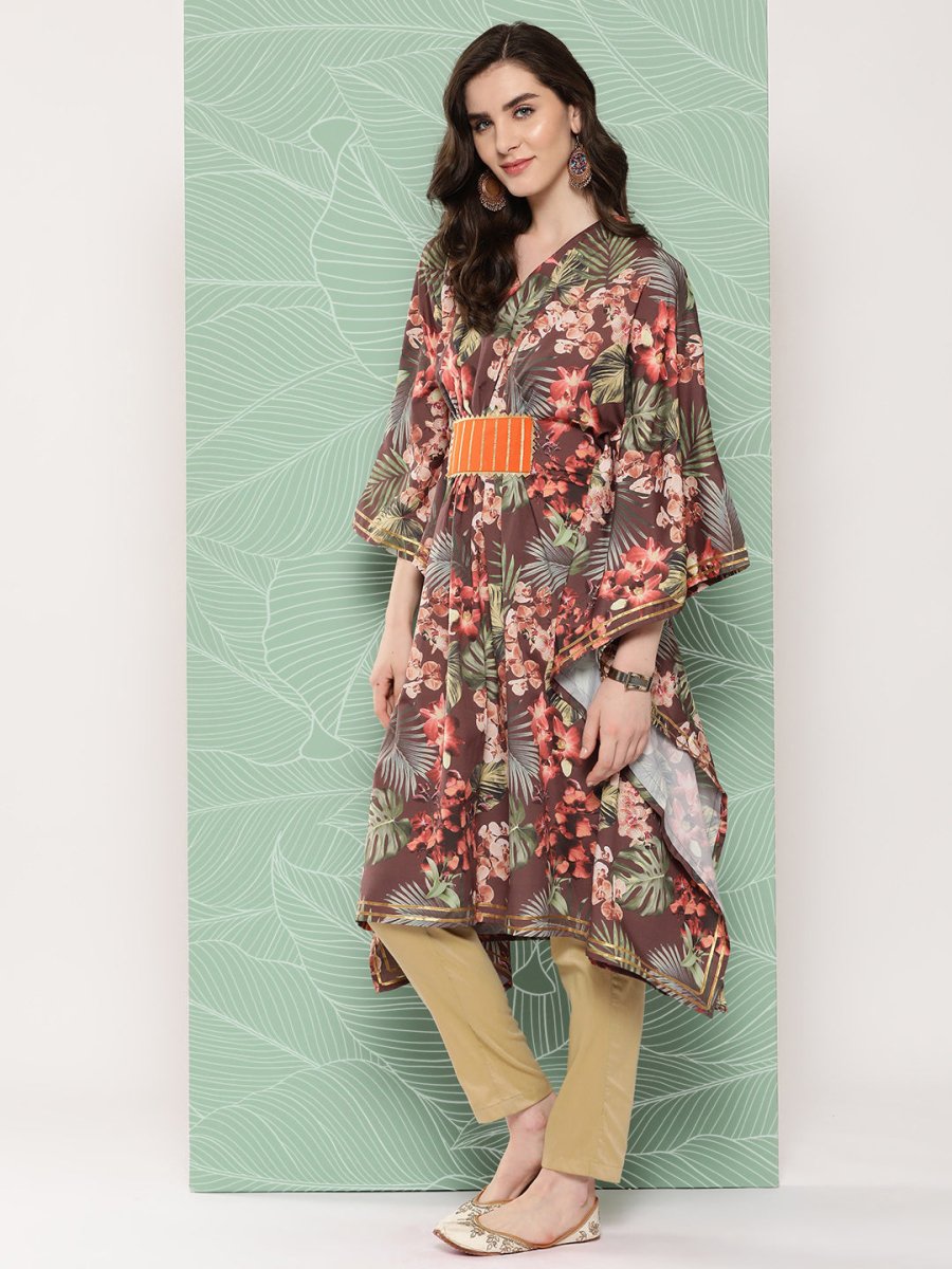 Ahalyaa Women Floral Printed Flared Sleeves Gotta Patti Crepe Kaftan Kurta | Swadesiicart