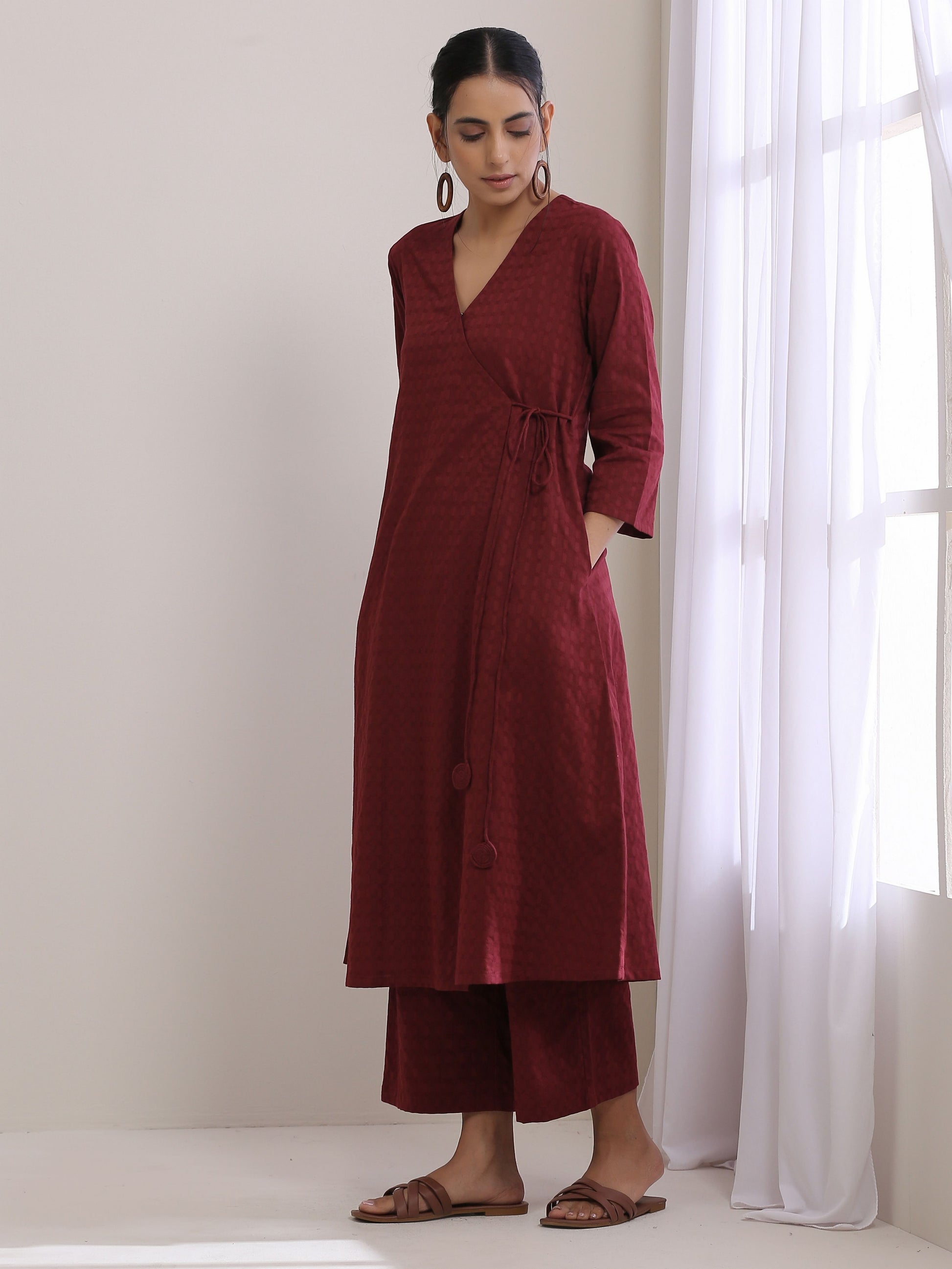 trueBrowns Ruby Wine Dobby Angrakha Pant Set | Swadesiicart
