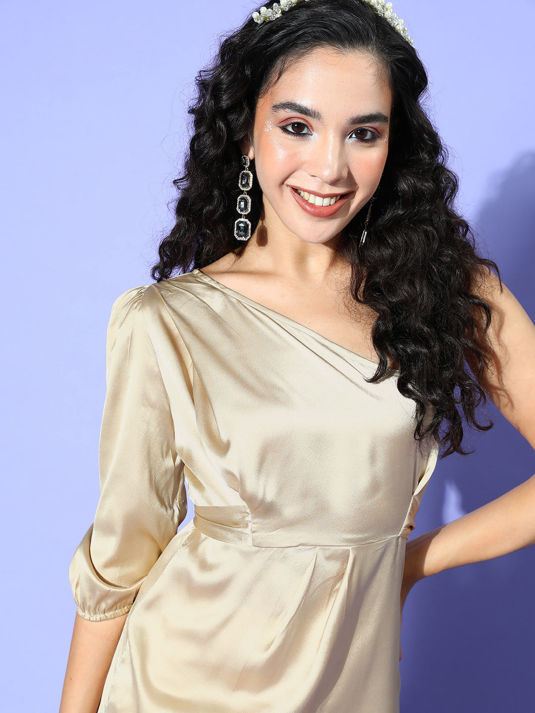 InWeave One Shoulder Satin Top In Gold Colour - Swadesiicart