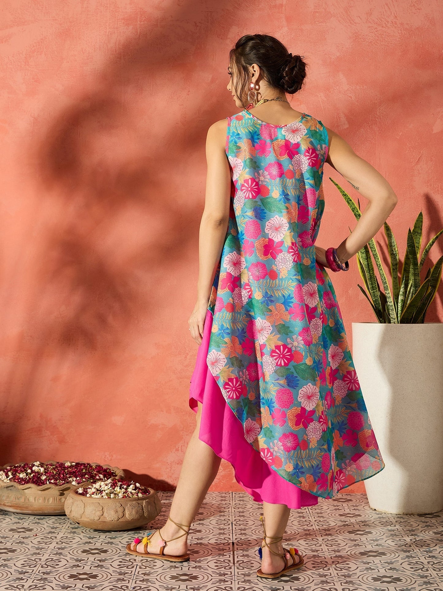 InWeave Blue Floral Fuchsia Asymmetrical Dress - Swadesiicart