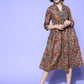 InWeave Women's Ochre Mustard Kalamkari Print Dress - Swadesiicart
