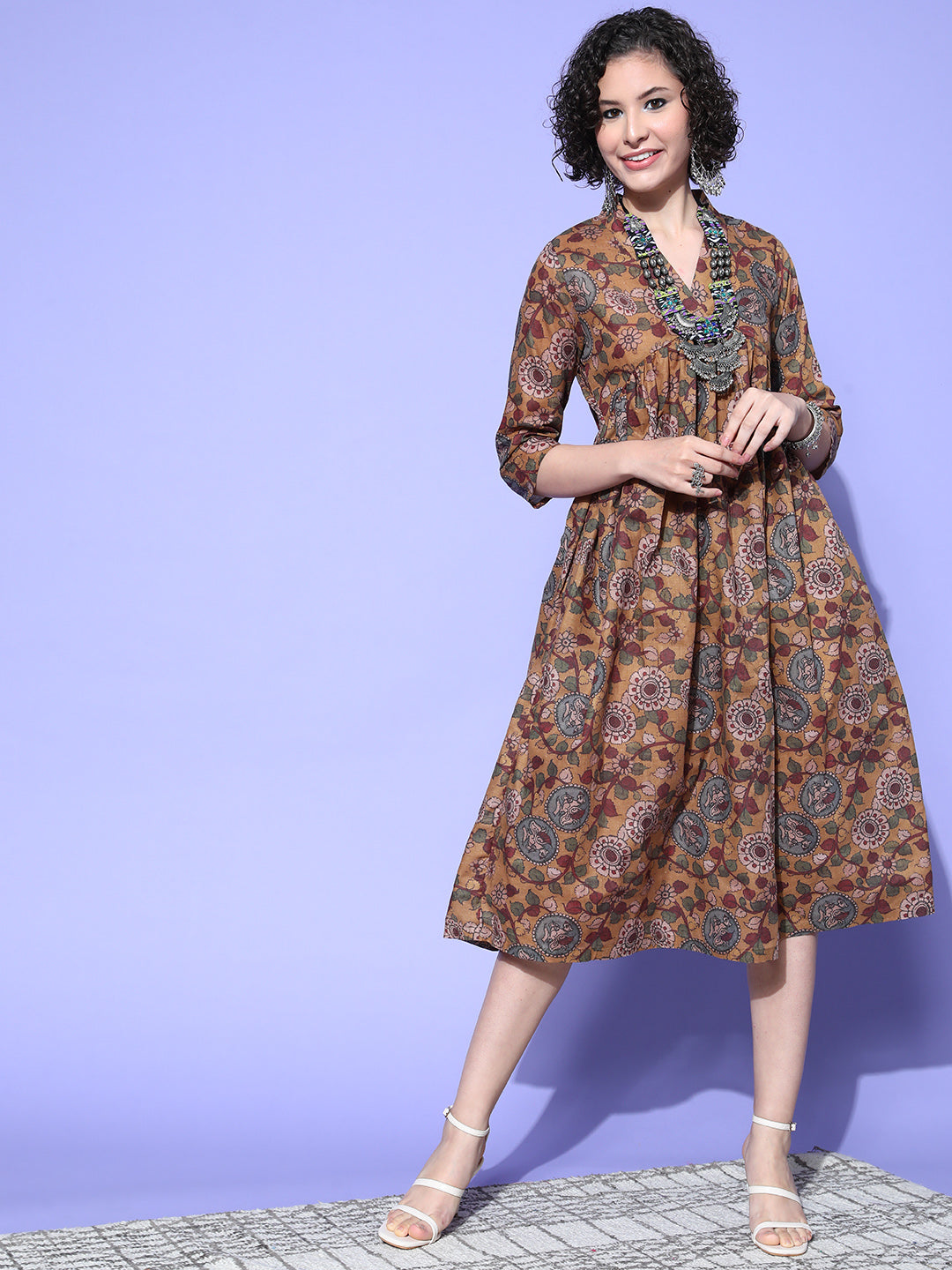 InWeave Women's Ochre Mustard Kalamkari Print Dress - Swadesiicart