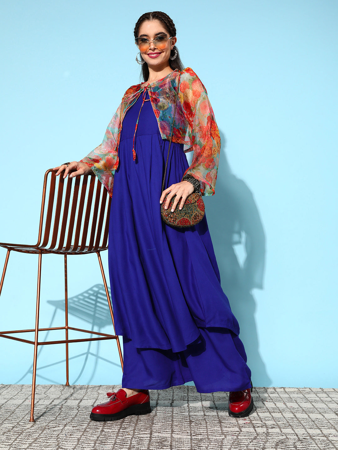 InWeave Women's Strappy Set Ink Blue With Green Floral Short Or Cape - Swadesiicart