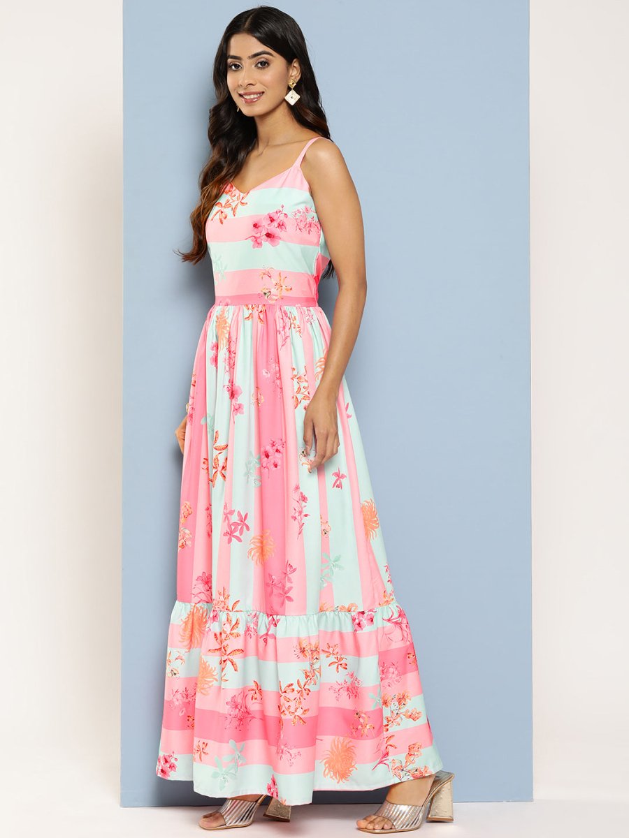 Ahalyaa Striped Floral Print Crepe Maxi Ethnic Dress | Swadesiicart