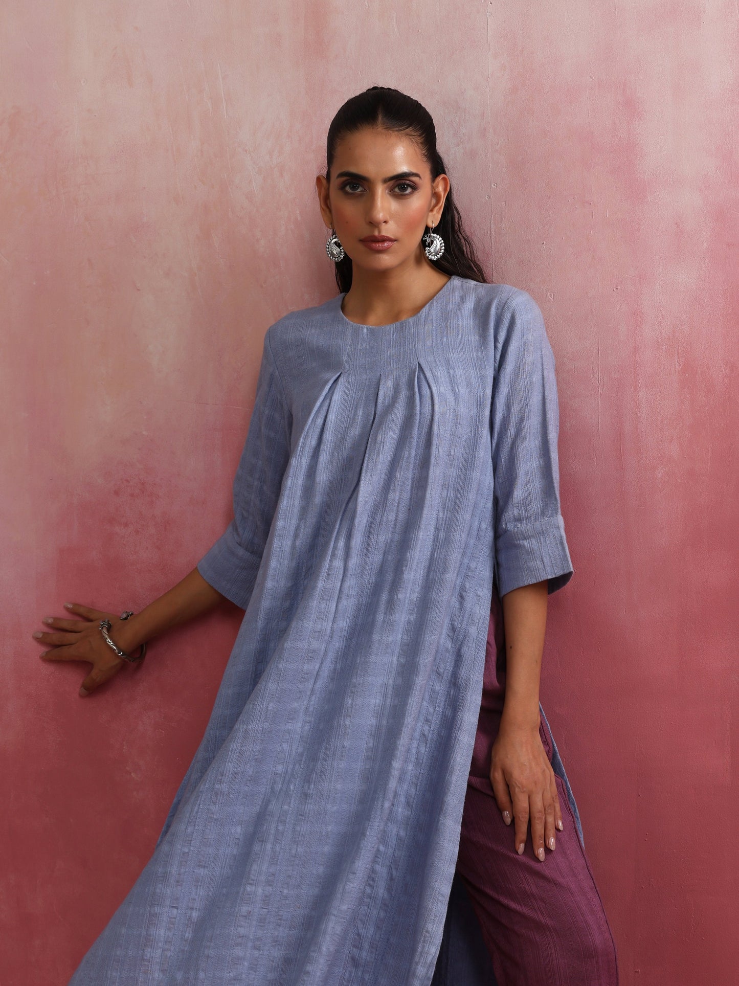 trueBrowns Sky Blue Cotton Dobby Kurta Set | Swadesiicart