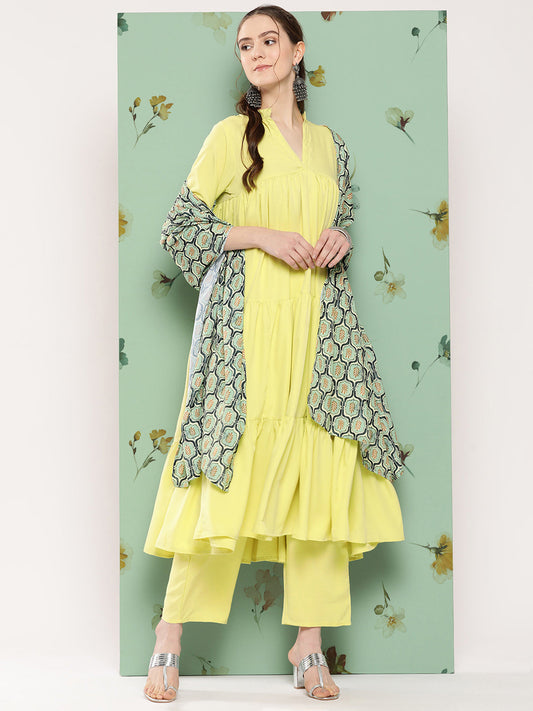 InWeave Women's Lime Green Flared Kurta Set W Green Print Cr Dupatta - Swadesiicart