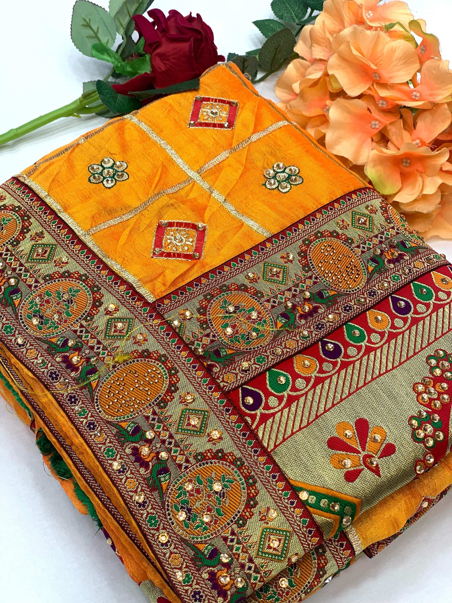 Lorenvalley Fashion Premium Yellow Vichitra Silk Embroidery and Diamond work Both Side Saree - Swadesiicart