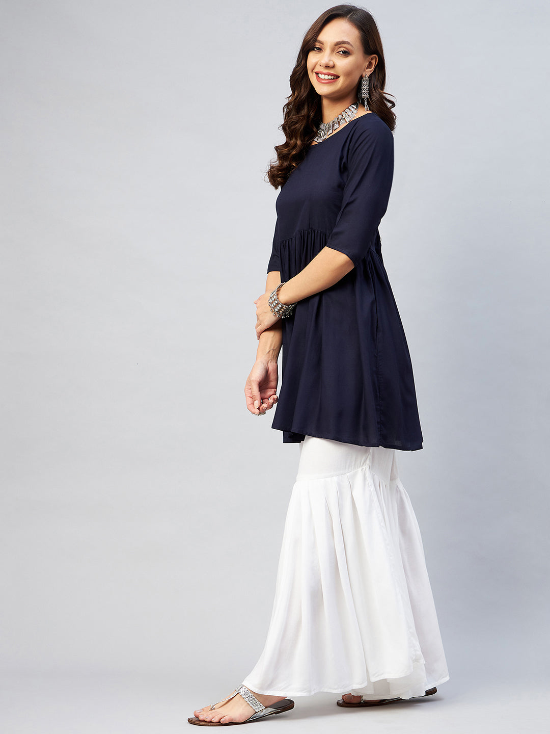 InWeave Women's Navy Blue Short Anarkali Kurta - Swadesiicart