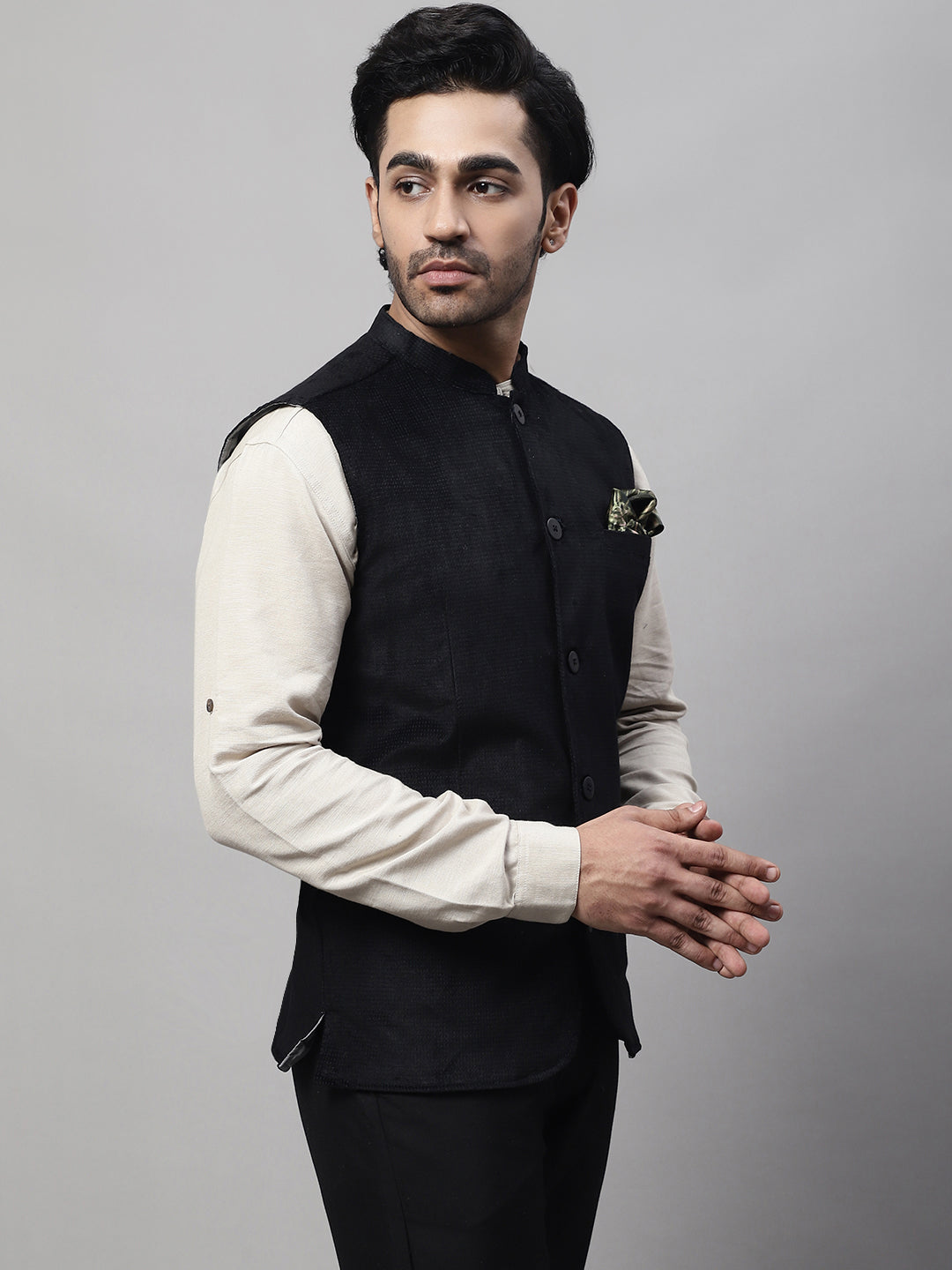Even Apparels Men's Black Nehru Jacket With Welt Pockets | Swadesiicart